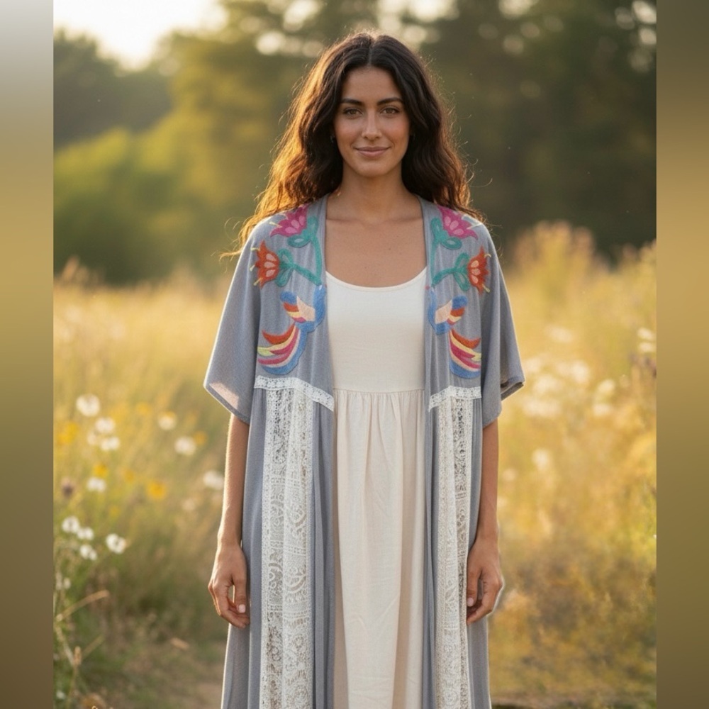 Judith March Bird Embroidered Lace Trim Maxi Duster Kimono L Grey Boho Festival - Picture 3 of 9